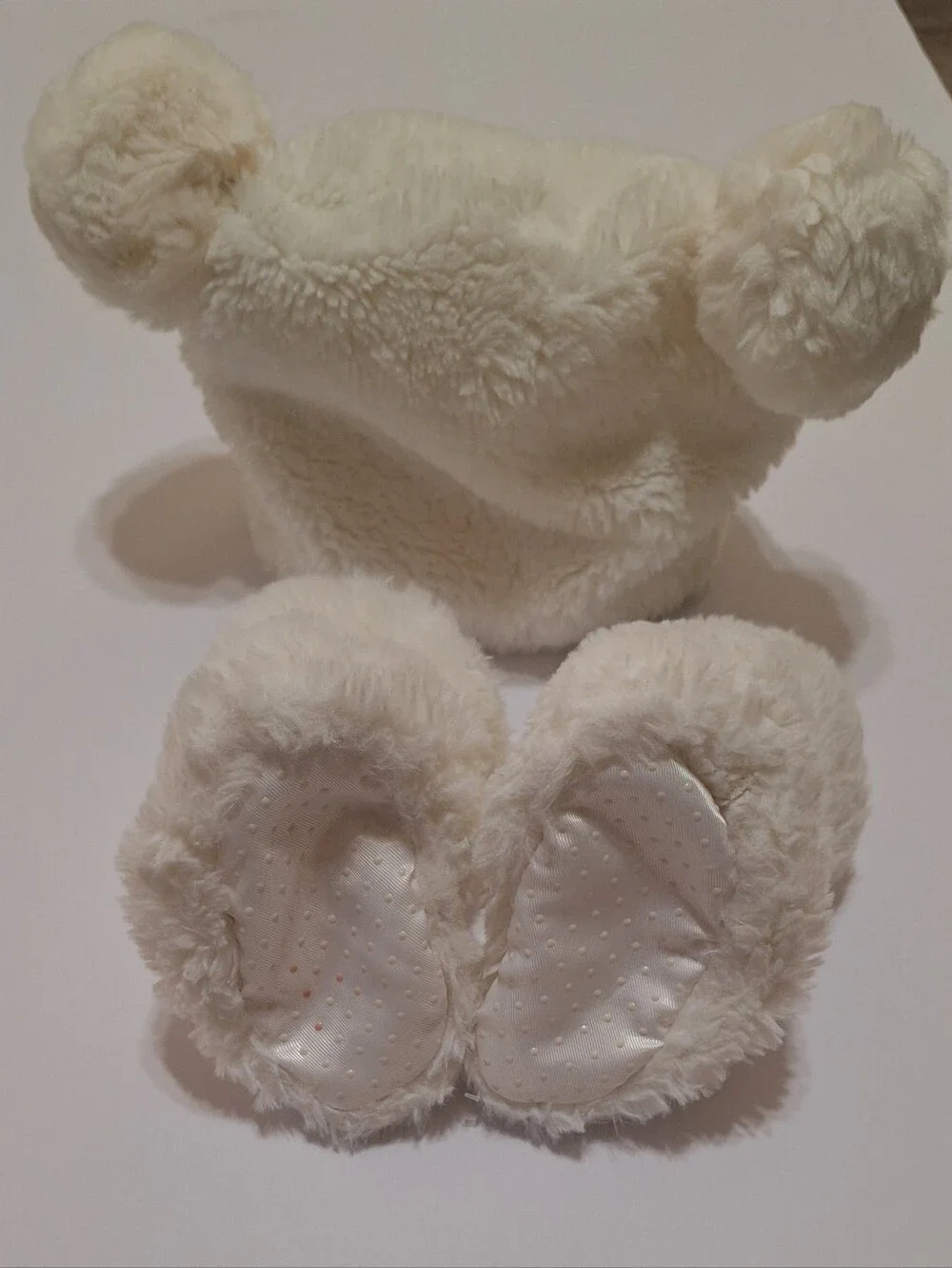 S.L. Fashions Plush Cream Bear Hat w/two Pom Ears And Plush Booties Baby Size OS